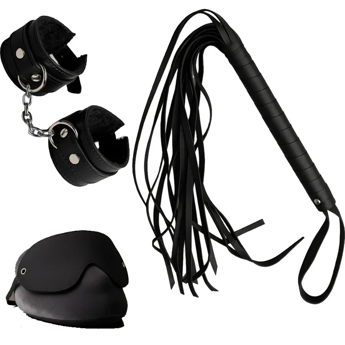 Kit Sado 3 articulos - Latigo de cuero -Esposas - Antifaz Ciego