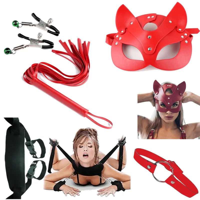 Kit Sado Bondage + Arnes Amarre de Cuello + Latigo + Mordaza + Pinza de Pezones (5 Articulos)