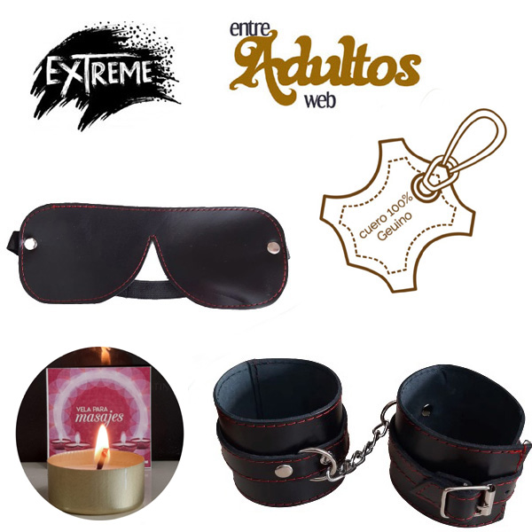 Esposas de Cuero Con Hebilla + Antifaz Ciego + Vela Masajes